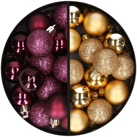 34x stuks kunststof kerstballen aubergine paars en goud 3 cm