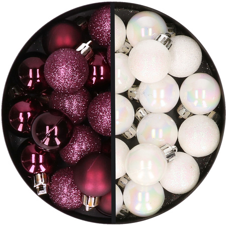 34x stuks kunststof kerstballen aubergine paars en parelmoer wit 3 cm