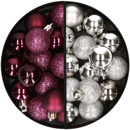 34x stuks kunststof kerstballen aubergine paars en zilver 3 cm