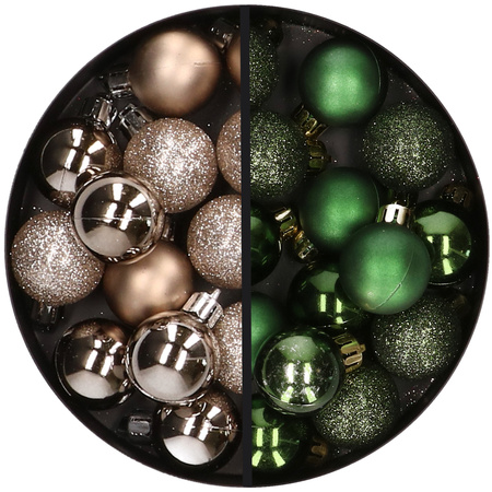 34x pcs plastic christmas baubles dark green and champagne 3 cm