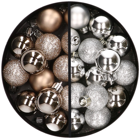 34x stuks kunststof kerstballen champagne en zilver 3 cm