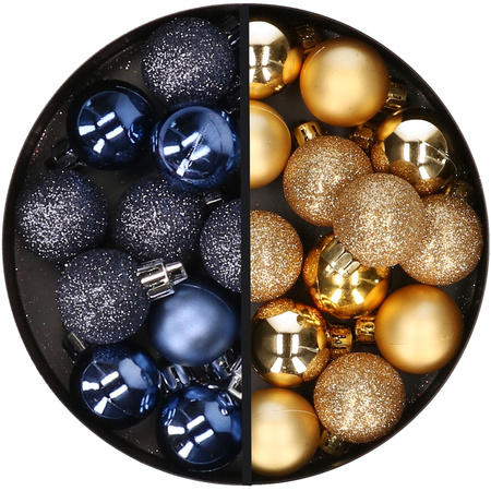 34x stuks kunststof kerstballen donkerblauw en goud 3 cm