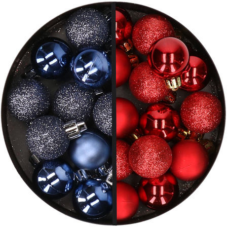 34x stuks kunststof kerstballen donkerblauw en rood 3 cm