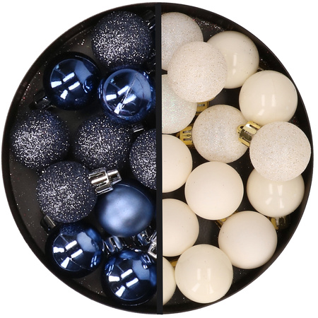 34x pcs plastic christmas baubles dark blue and wool white 3 cm