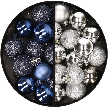 34x stuks kunststof kerstballen donkerblauw en zilver 3 cm