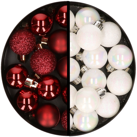 34x stuks kunststof kerstballen donkerrood en parelmoer wit 3 cm