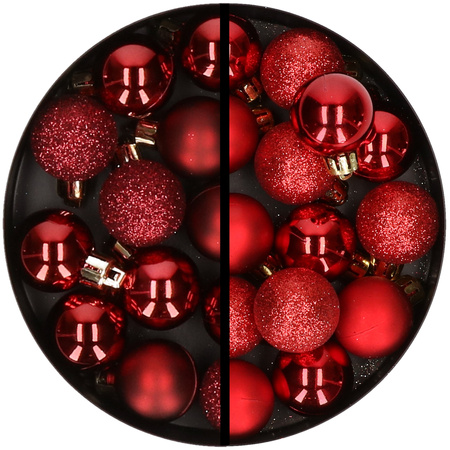 34x stuks kunststof kerstballen donkerrood en rood 3 cm