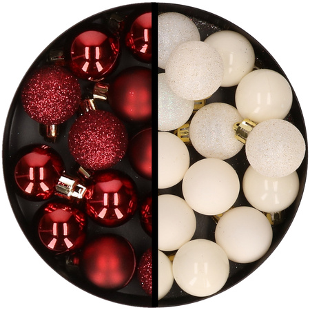 34x stuks kunststof kerstballen donkerrood en wolwit 3 cm