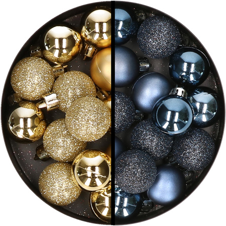 34x pcs plastic christmas baubles gold and dark blue 3 cm