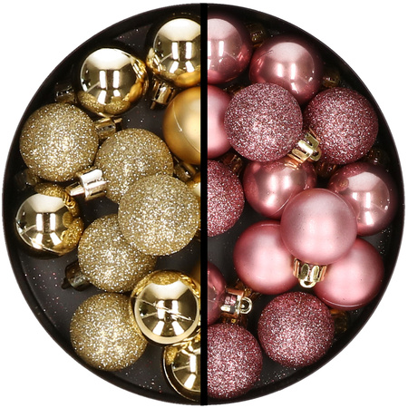 34x stuks kunststof kerstballen goud en oudroze 3 cm