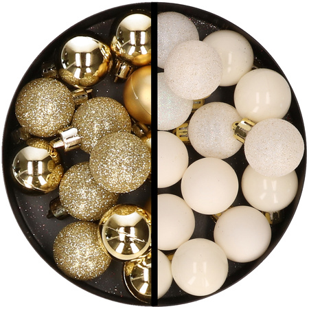 34x pcs plastic christmas baubles gold and wool white 3 cm