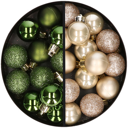34x pcs plastic christmas baubles green and champagne 3 cm