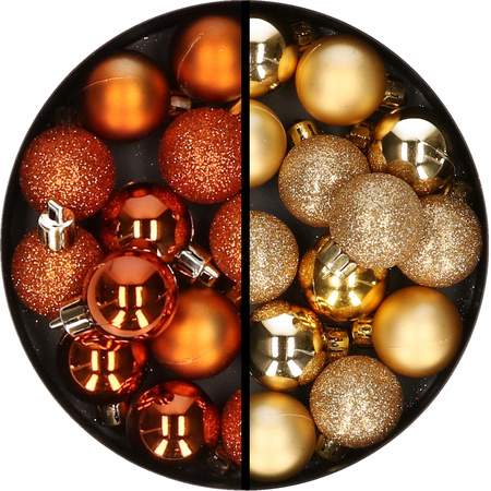 34x stuks kunststof kerstballen oranje en goud 3 cm