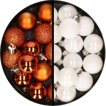 34x stuks kunststof kerstballen oranje en parelmoer wit 3 cm