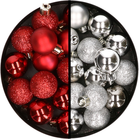 34x stuks kunststof kerstballen rood en zilver 3 cm
