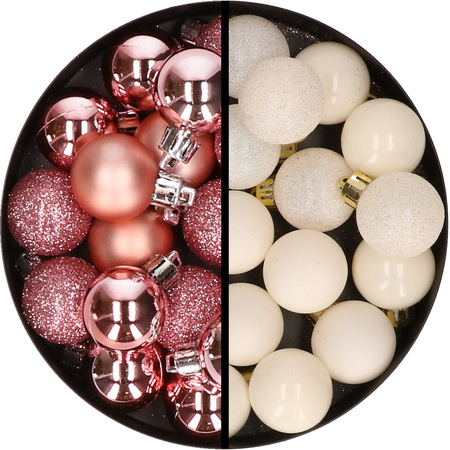 34x stuks kunststof kerstballen roze en gebroken wit 3 cm