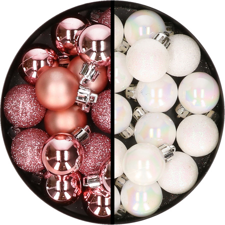 34x stuks kunststof kerstballen roze en parelmoer wit 3 cm