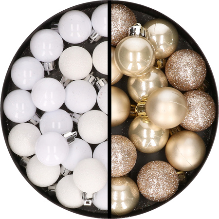 34x pcs plastic christmas baubles white and champagne 3 cm