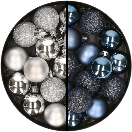 34x pcs plastic christmas baubles silver and dark blue 3 cm