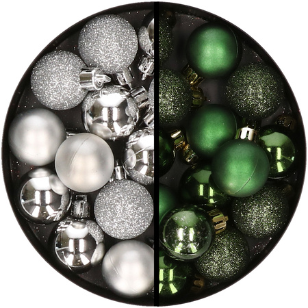 34x pcs plastic christmas baubles silver and dark green 3 cm