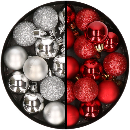 34x pcs plastic christmas baubles silver and red 3 cm