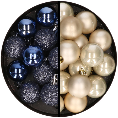 36x pcs plastic christmas baubles dark blue and champagne 3 and 4 cm