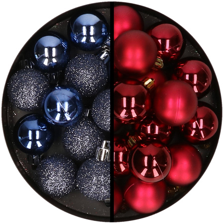 36x stuks kunststof kerstballen donkerblauw en donkerrood 3 en 4 cm