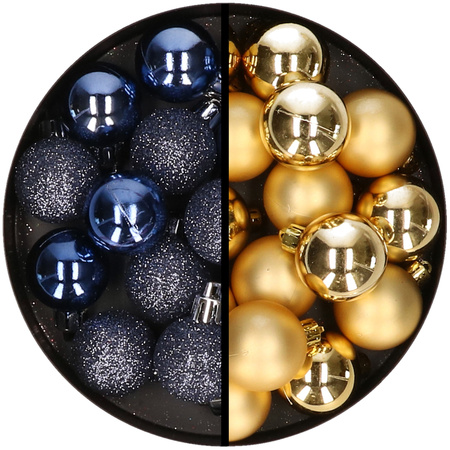 36x pcs plastic christmas baubles dark blue and gold 3 and 4 cm