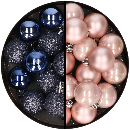36x pcs plastic christmas baubles dark blue and light pink 3 and 4 cm