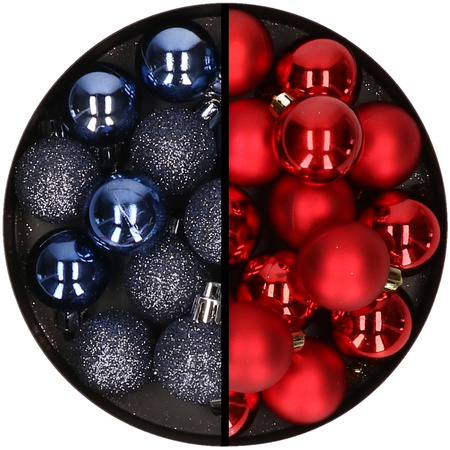 36x pcs plastic christmas baubles dark blue and red 3 and 4 cm