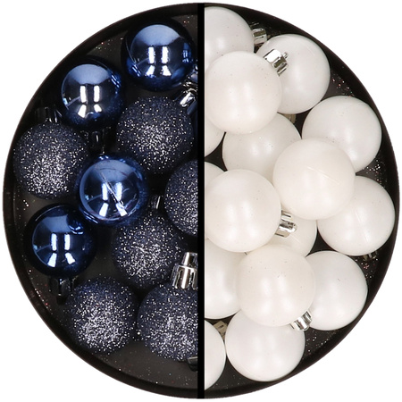 36x pcs plastic christmas baubles dark blue and white 3 and 4 cm