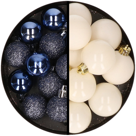 36x pcs plastic christmas baubles dark blue and wool white 3 and 4 cm