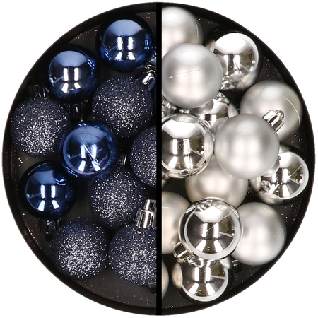 36x pcs plastic christmas baubles dark blue and silver 3 and 4 cm