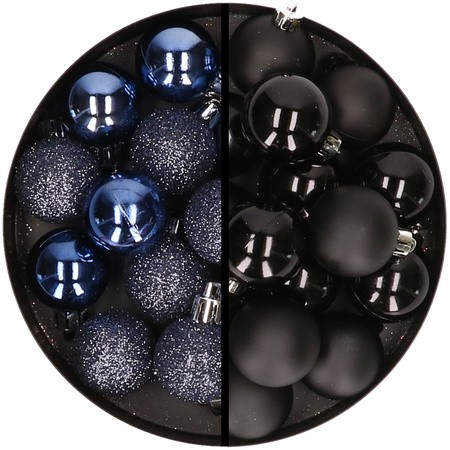 36x pcs plastic christmas baubles dark blue and black 3 and 4 cm