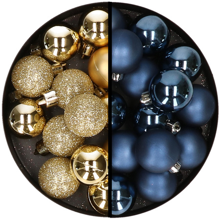 36x stuks kunststof kerstballen goud en donkerblauw 3 en 4 cm