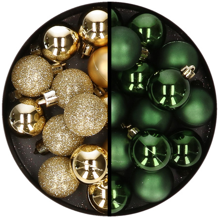 36x pcs plastic christmas baubles gold and dark green 3 and 4 cm
