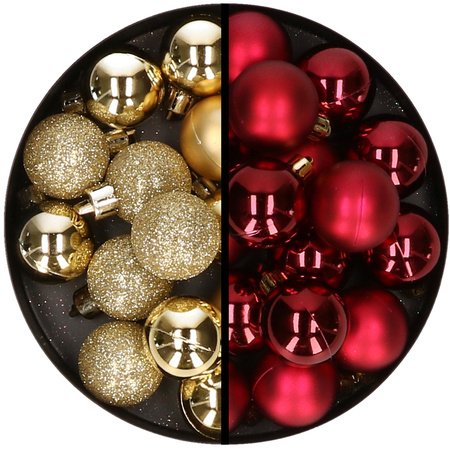 36x pcs plastic christmas baubles gold and dark red 3 and 4 cm