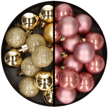 36x stuks kunststof kerstballen goud en oudroze 3 en 4 cm