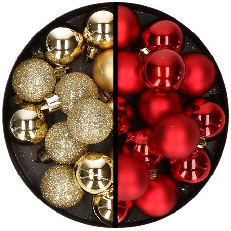 36x stuks kunststof kerstballen goud en rood 3 en 4 cm