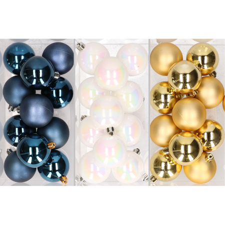 36x stuks kunststof kerstballen mix van donkerblauw, parelmoer wit en goud 6 cm