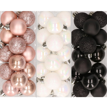 36x Christmas baubles mix of light pink, pearlescent white and black 6 cm plastic matte/shiny