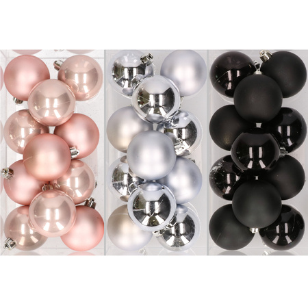 36x stuks kunststof kerstballen mix van lichtroze, zilver en zwart 6 cm