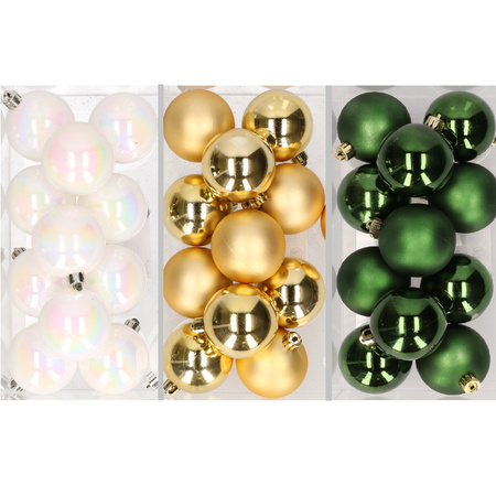 36x stuks kunststof kerstballen mix van parelmoer wit, goud en donkergroen 6 cm