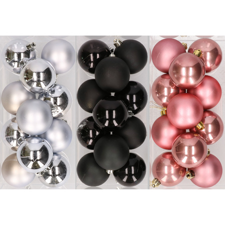 36x Christmas baubles mix of silver, black and velvet pink 6 cm plastic matte/shiny