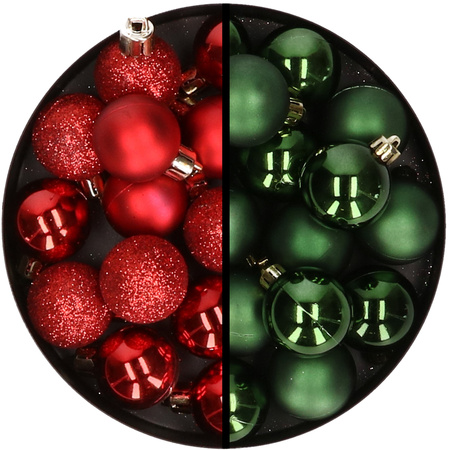 36x pcs plastic christmas baubles red and dark green 3 and 4 cm