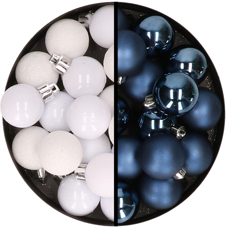 36x stuks kunststof kerstballen wit en donkerblauw 3 en 4 cm