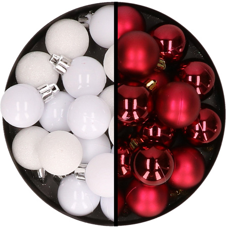 36x pcs plastic christmas baubles white and dark red 3 and 4 cm