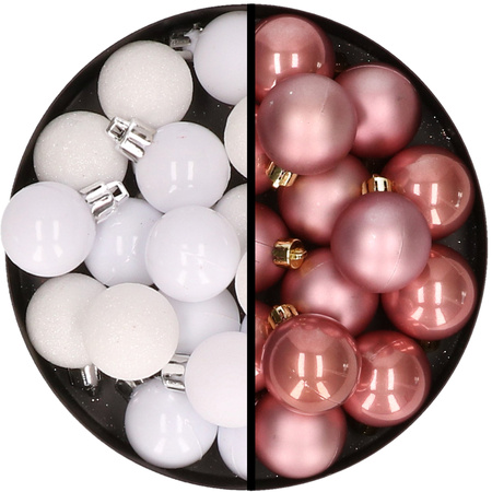 36x stuks kunststof kerstballen wit en oudroze 3 en 4 cm