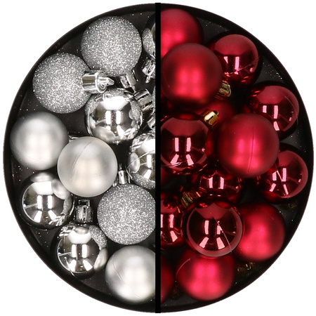 36x pcs plastic christmas baubles silver and dark red 3 and 4 cm