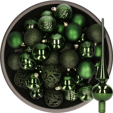 37x pcs plastic christmas baubles 6 cm and glass topper dark green